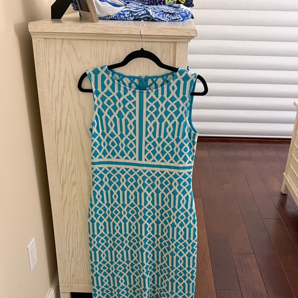 PRICE DROP!! St. John Knit Vintage Blue and Cream Patterned Midi Dress